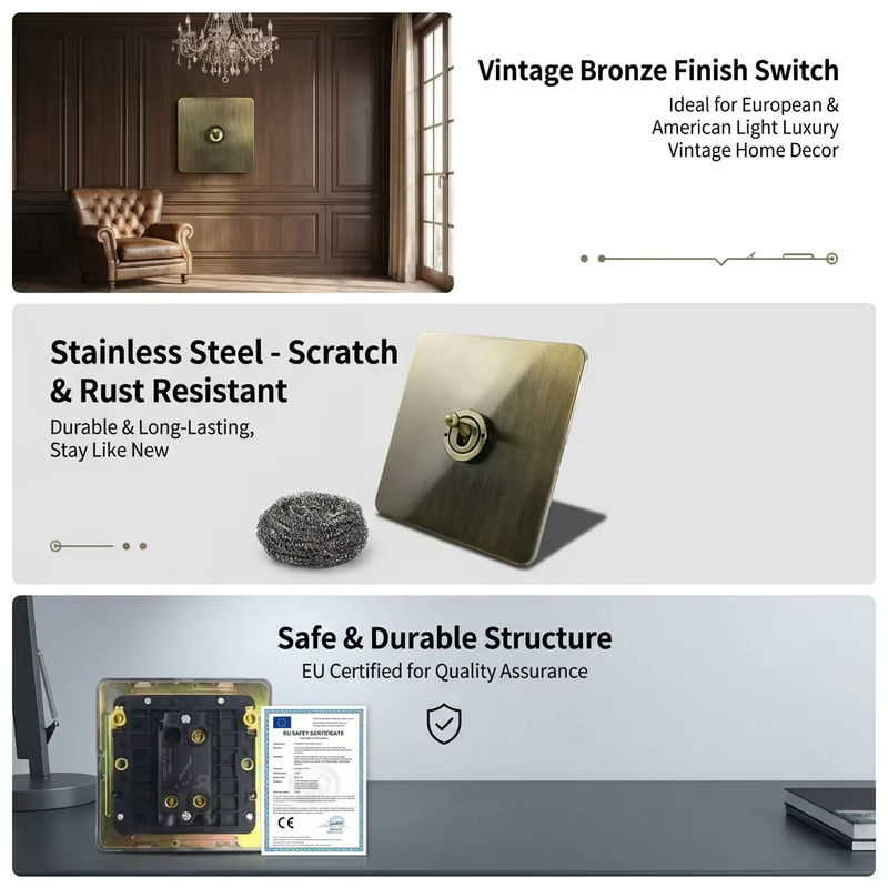 Retro Wallpad Dimmer und Kippschalter in Bronze und Stahl für den Einbau - Bild 2
