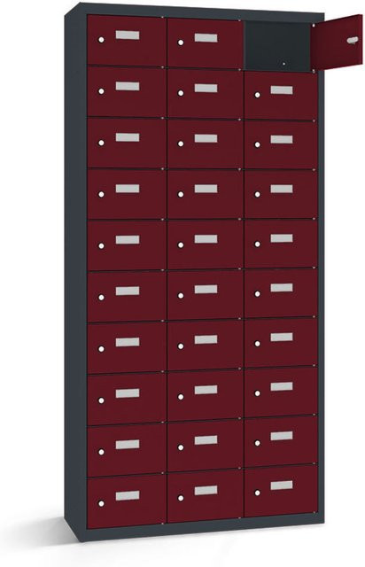 rotstahl Wertfachschrank mit 30 Fächern in Bordeaux und anthrazitgrauem Korpus, B/T/H: 87,5 x 50 x 180 cm - Bild 1