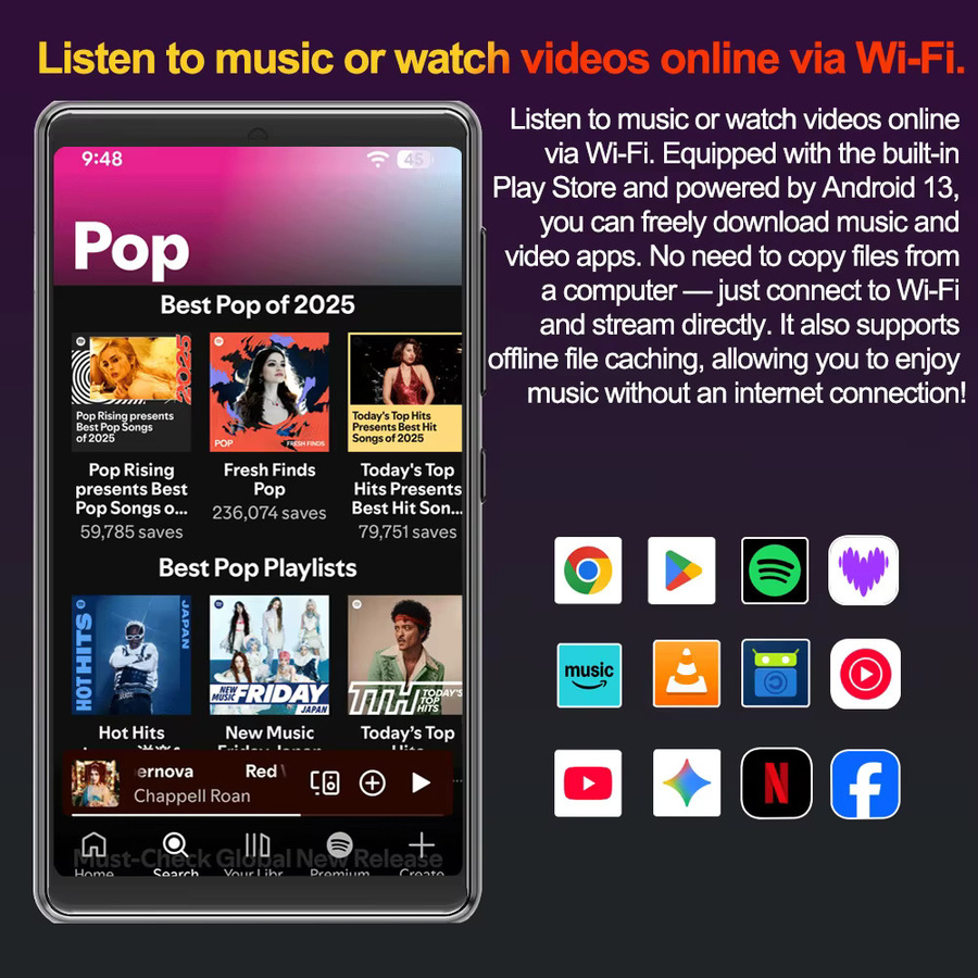 Famue Android 13 MP3-Player mit Bluetooth und WLAN 2.4G/5G, 4 GB RAM, Spotify und Play Store, 4,0-Zoll-Großbildschirm, MP4, Schwarz - Bild 5