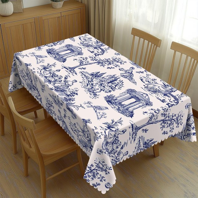 Wasserdichte und fleckenbeständige Tischdecke von Fancy Style Studio mit blau-weißem Toile de Jouy Floral-Druck, B/B: 140 x 180 cm - Bild 1