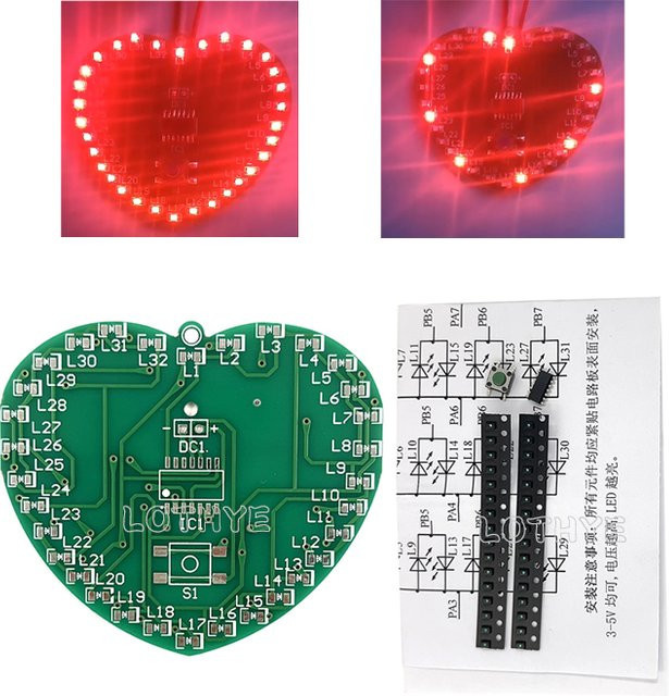 LOTHYE DIY-Elektronik-Kit mit 32 grünen SMD-LEDs und Mikrocontroller für ein herzförmiges blinkendes Licht-Set - Bild 1