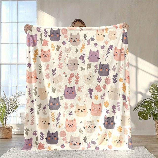 VIKAMA Flanelldecke mit mehrfarbigem Blumen- und Katzenmuster für Baby und Erwachsene - Bild 1