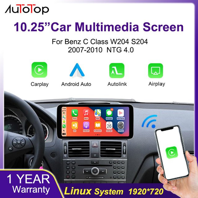 AUTOTOP Linux Wireless Carplay Touchscreen für Mercedes Benz NTG4.0 C-Klasse W204 S204 2007–2010 mit Android Auto und Mirrorlink, 10.25 Zoll, Schwarz - Bild 1
