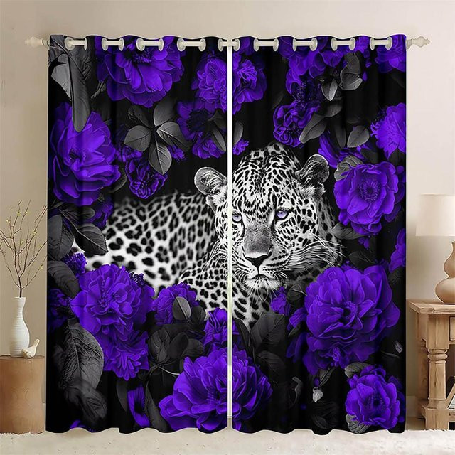 Dekorative 3D Vorhänge mit floralem Tiger- und Leopard-Design in Lila und Rosa, 2er-Set, B/H: 50 x 130 cm - Bild 1