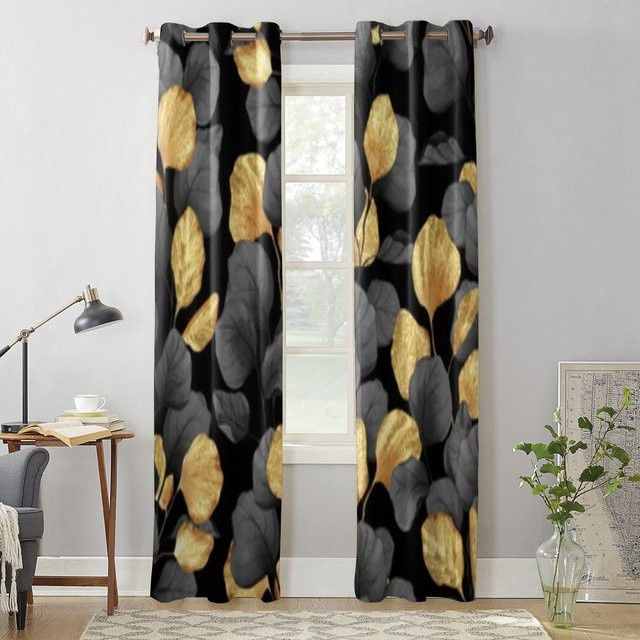 Binchi Outdoor Equipment Fenstervorhang mit schwarzem und goldenem Blättermuster, modern und semi-transparent, B: 135 cm, H: 92 cm - Bild 1