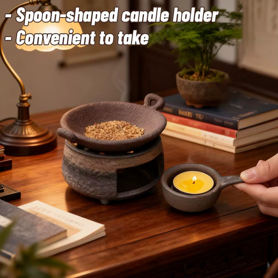 KITPIPI Keramik-Kräuterbrenner in Braun, runder Aromatherapie-Herd für Sandelholz, Tee und ätherische Öle mit Tealight-Halterung im orientalischen Design - Bild 5