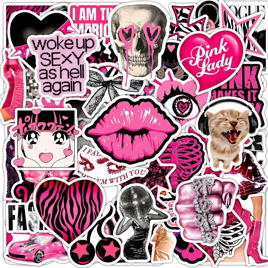 50 Stück Retro Y2K Aufkleber im Ins-Style, wasserfeste PVC-Sticker in Schwarz und Rosa für Skateboard, Handy und Gepäck - Bild 2