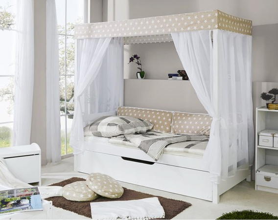 TiCAA Himmelbett aus Kiefernholz in Beige und Weiß mit Sternen-Design für Kinderzimmer