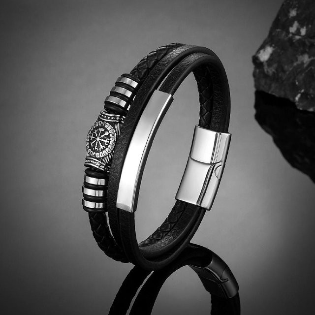 YIRAN Jewelry Lederarmband Edelstahl, Schwarz, Herren, 19cm - Bild 1