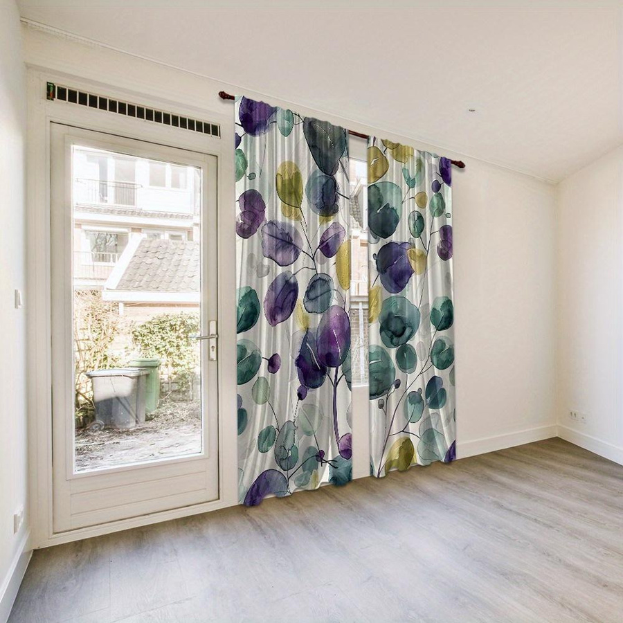 2er-Set Künstlerische Vorhänge mit handgemaltem Blattmuster in Multicolour, halbtransparent, Maschinenwaschbar, B: 100 cm, H: 130 cm - Bild 2