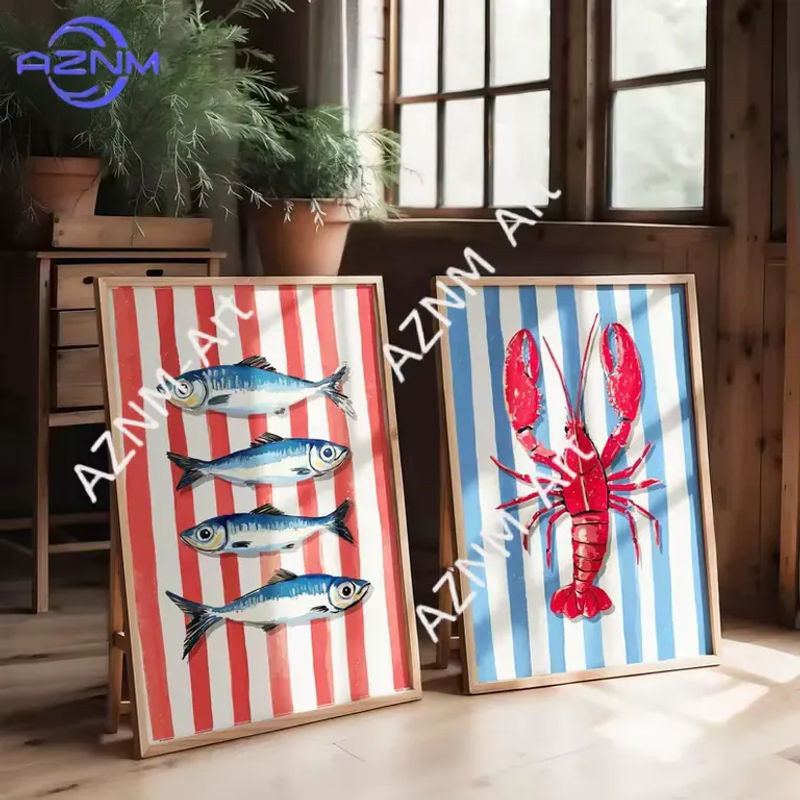 KAYOU Leinwanddruck Hummer und Sardinen in Blau-Rot Gestreift als Maritimes Wandbild für dein Modernes Wohnzimmer und deine Küche - Bild 1