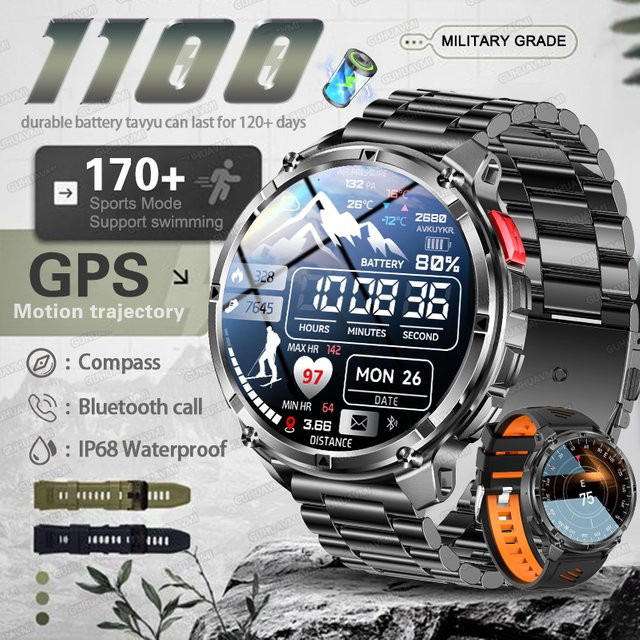 GUHUAVMI GPS Smartwatch für Erwachsene in Schwarz mit integrierter Taschenlampe, Kompass und wasserfester Funktion für Sport und Schwimmen inklusive HD-Anruffunktion und großem 1100 mAh Akku - Bild 1