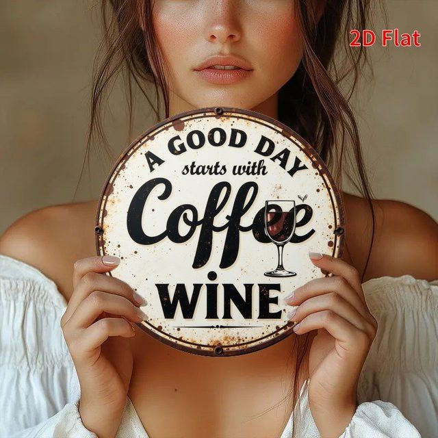 Potdemiel Vintage-Metallschild Wanddekoration rund Durchmesser: 19,81 cm mit Spruch Kaffee und Wein - Bild 1