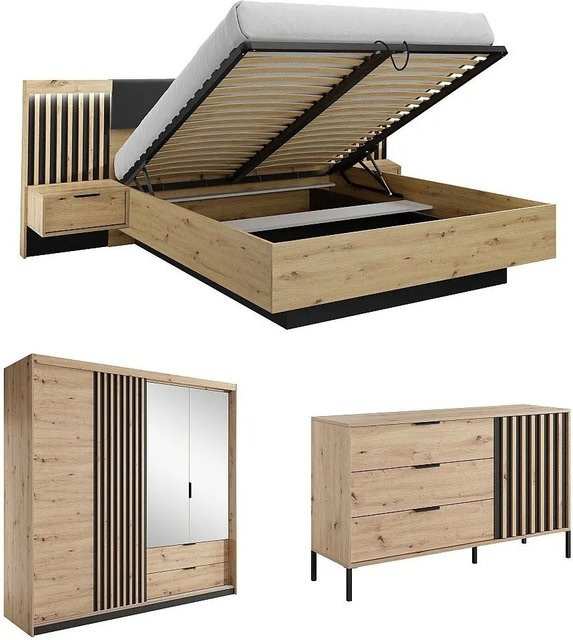 Schlafzimmer-Komplettset Vente-unique Ariada in Schwarz und Beige mit Bettgestell, Kleiderschrank, Kommode und Nachttisch im modernen Design - Bild 1