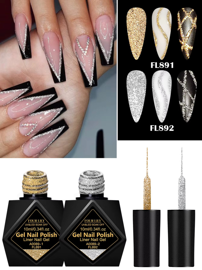 Four Lily Glitter Liner Gel Nagellack Set, Gold Silber, 10 ml, Unisex - Bild 3
