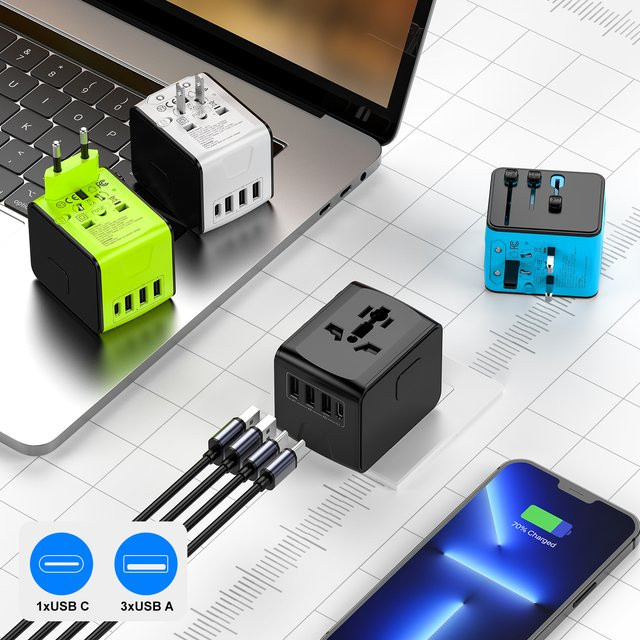 HKLAMIN Internationaler Reiseadapter mit 4 USB-Anschlüssen Typ C und USB-A Schnellladegerät für Europa, USA, UK, AU und CA in Schwarz oder Blau - Bild 1