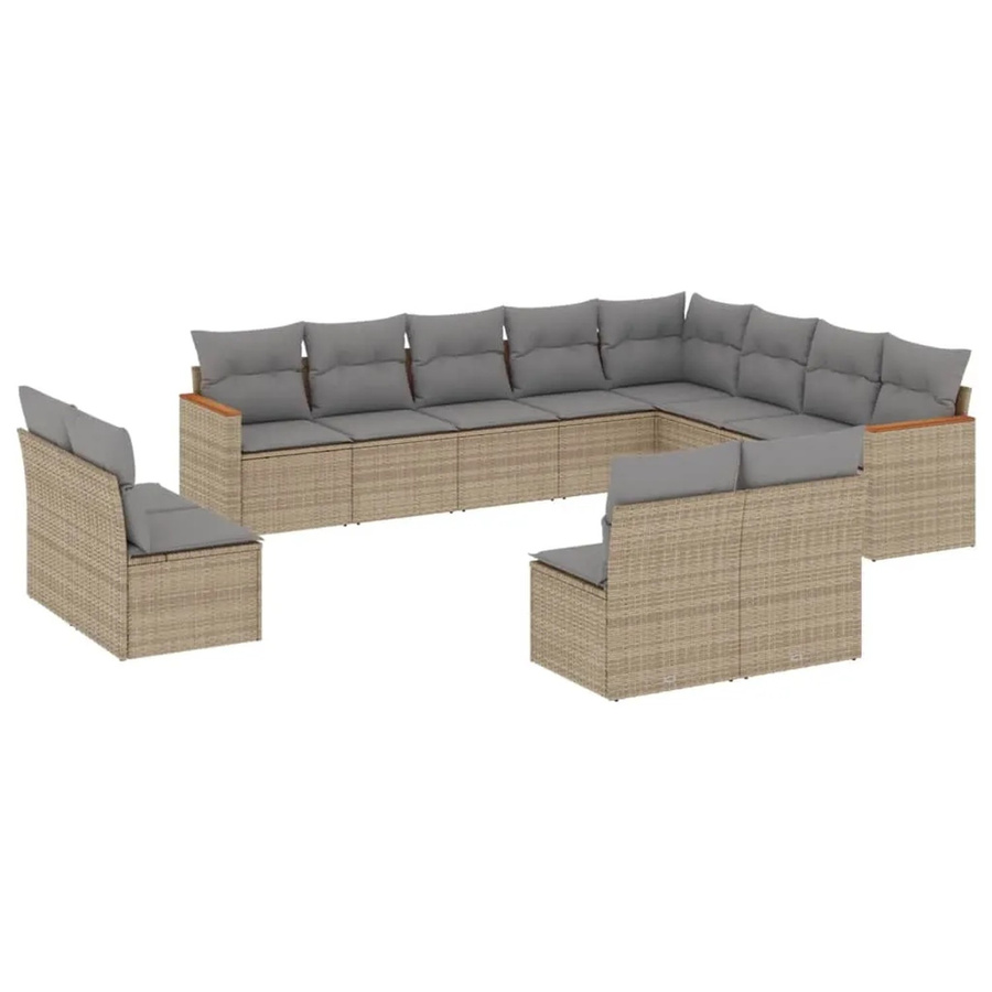 vidaXL 12-tlg. Garten-Sofagarnitur in L-Form aus Poly-Rattan und Akazienholz mit Kissen, Beige - Bild 2