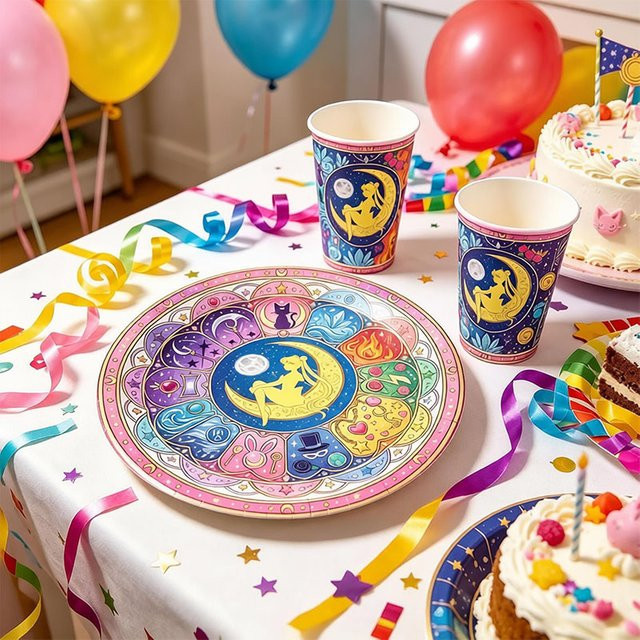 Sailor Moon Einweggeschirr-Set Multicolor mit Tassen, Tellern, Flaggen, Strohhalmen, Bannern und Kuchen-Dekoration für deine Geburtstags- und Themenparty - Bild 1