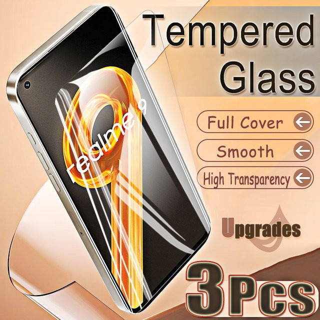 3er-Set gehärtetes Glas für Realme 9, 6,4 Zoll, transparent, HD-Displayschutz mit Fingerabdruck-Entsperrung und Anti-Explosion-Schutz - Bild 1