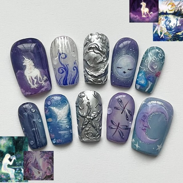 Stylebon Press-On-Nägel, quadratisch, lila blau silber, glänzend, Damen - Bild 1