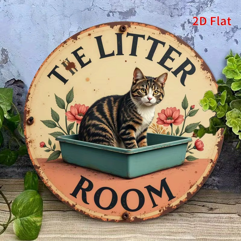 Rundes Vintage-Eisenschild Potdemiel mit Katzentoilette Motiv, mehrfarbige Hängedekoration aus Metall, Durchmesser: 20 cm - Bild 4