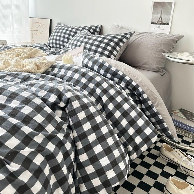 Bettwäsche-Set Bin Chi Textiles aus gewaschener Baumwolle mit Karomuster in Grau, 3-teilig, B/H: 150 x 200 cm - Bild 1