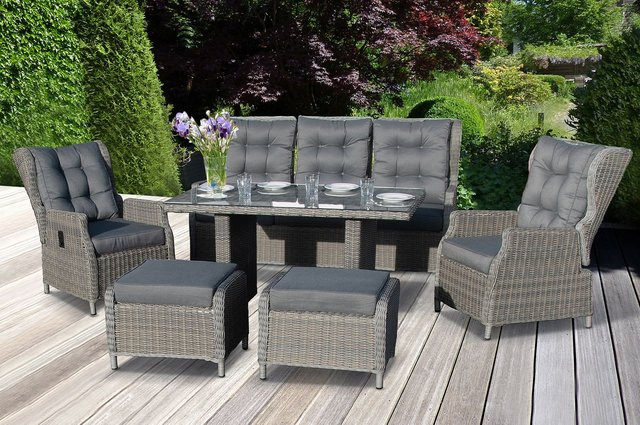 bellavista Luxus Dining-Lounge Canelli aus Polyrattan in Braun mit Polsterung und Kissen, 18-teiliges Set bestehend aus 3-Sitzer Sofa, zwei Sesseln, zwei Hockern und einem Tisch - Bild 1
