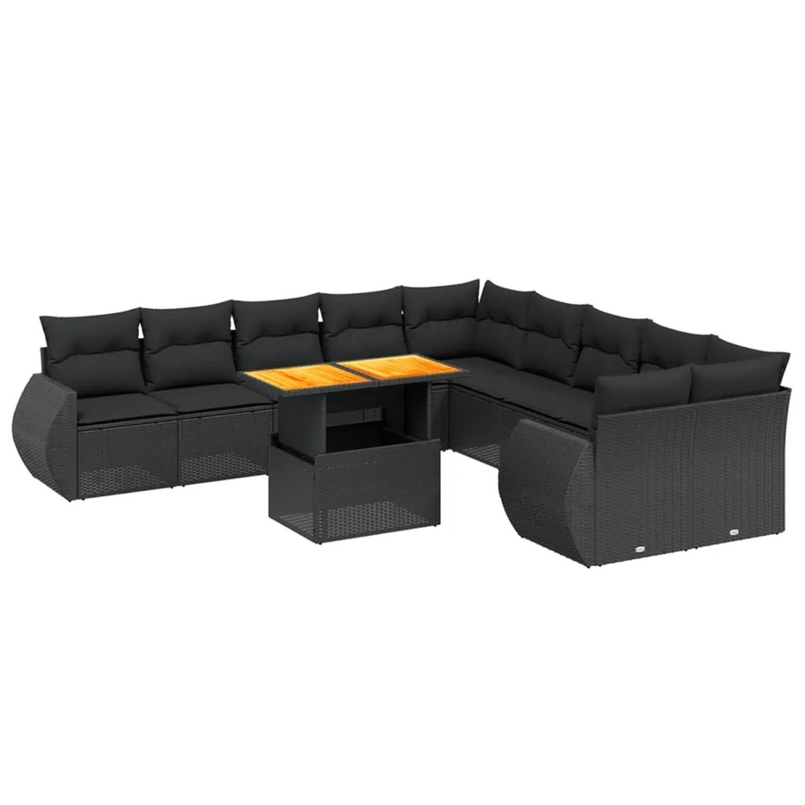 vidaXL 11-teilige Garten-Sofagarnitur in L-Form aus Polyrattan und Akazienholz mit Kissen, Schwarz - Bild 2