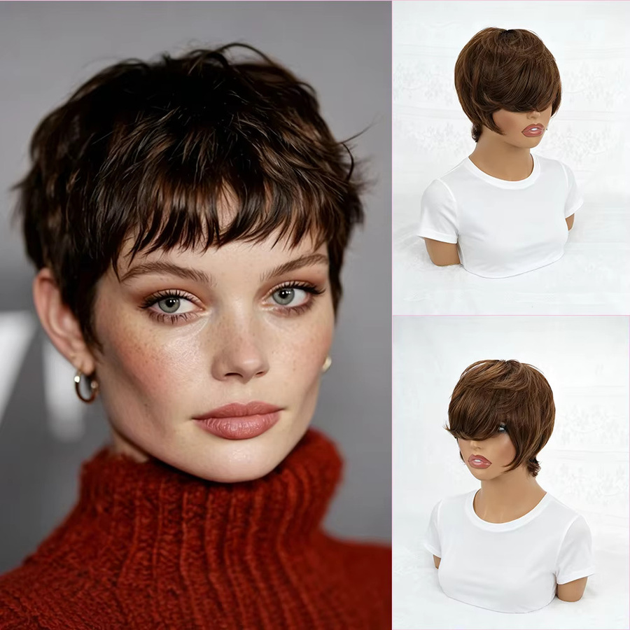 OYM HAIR Pixie-Cut Echthaar-Perücke, Dunkelbraun, mit Pony, Damen - Bild 2