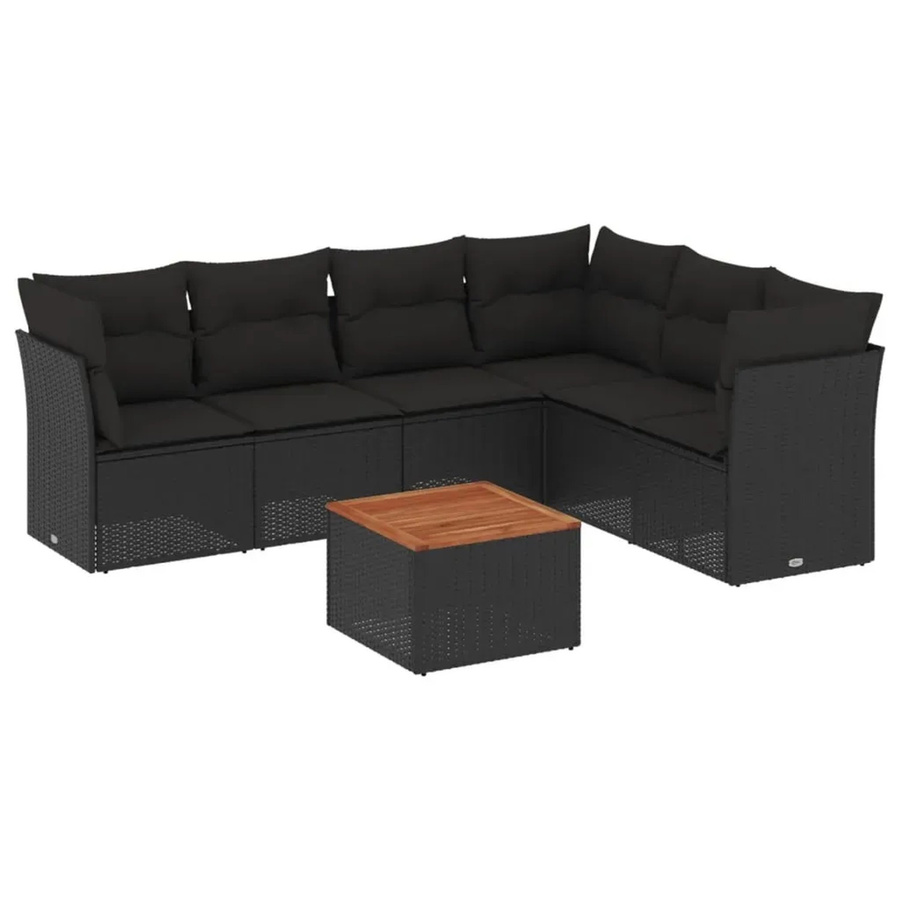 vidaXL 7-tlg. Garten-Sofagarnitur aus Polyrattan in Schwarz mit Kissen und Tisch in L-Form - Bild 2