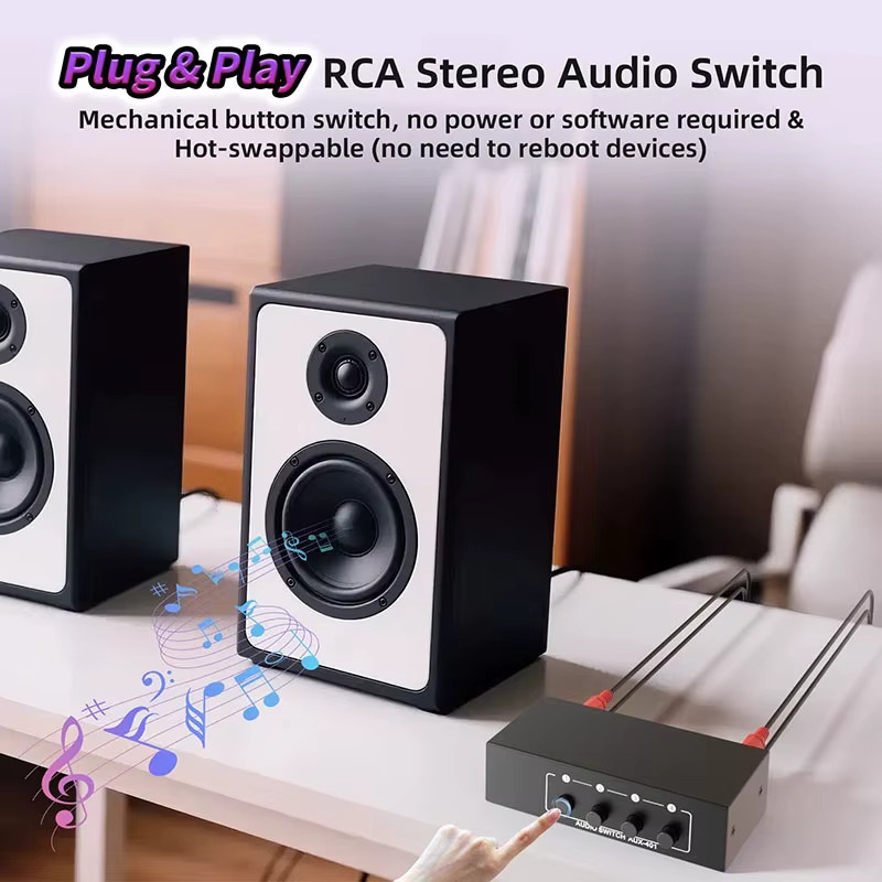 VBDWRM Stereo Audio Switch Selector 4-in-1 Bidirektionaler RCA AUX A/B Splitter mit 3,5 mm Klinke, Schwarz - Bild 3