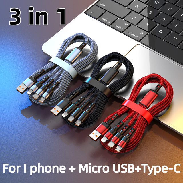 Setolgh 3-in-1 USB-Schnellladekabel mit USB-C, Micro-USB und Lightning in Grau aus Nylon-Geflecht - Bild 1