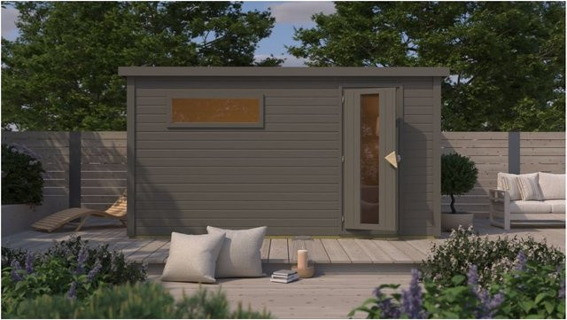 Karibu Saunahaus Melo 6 Log Cabin in Terragrau mit 9 kW Ofen und integrierter Steuerung, Wandstärke 38 mm - Bild 1