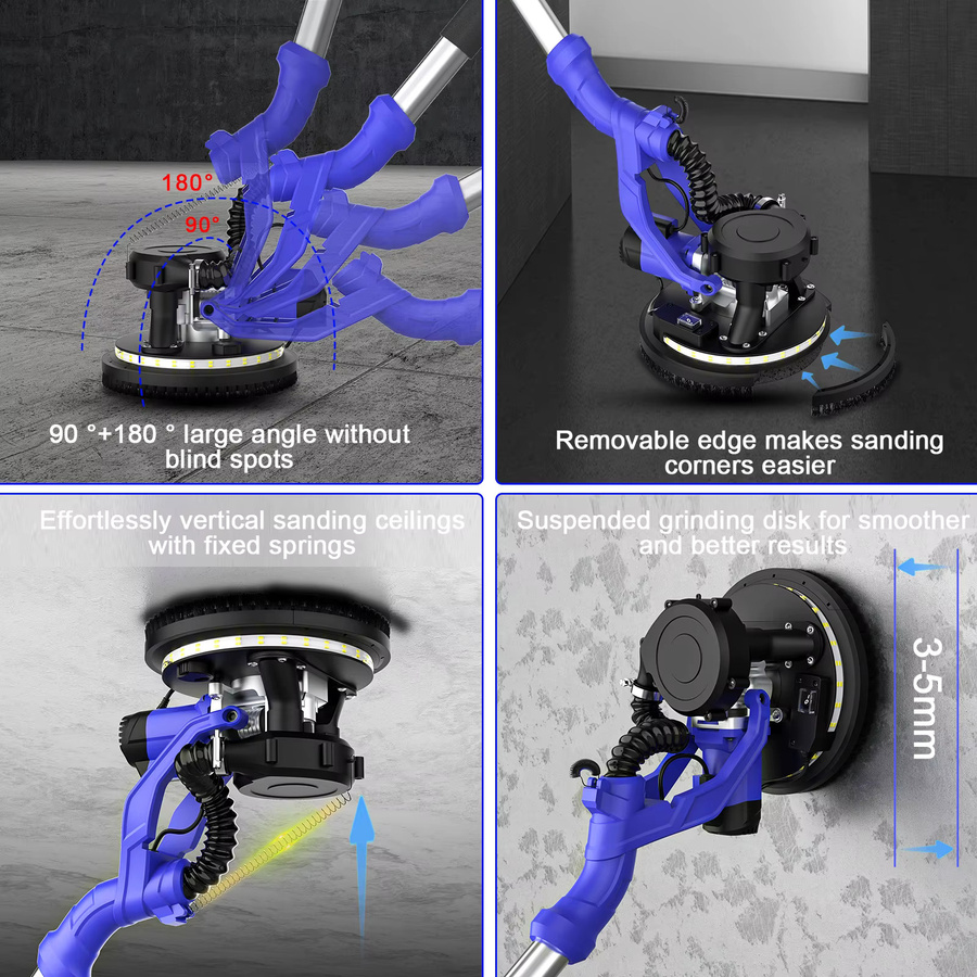 OWJHE Elektrischer Trockenbauschleifer mit Selbstabsaugung und LED, blaue Wand-Schleifmaschine mit langem Stab, Durchmesser: 220 mm - Bild 4
