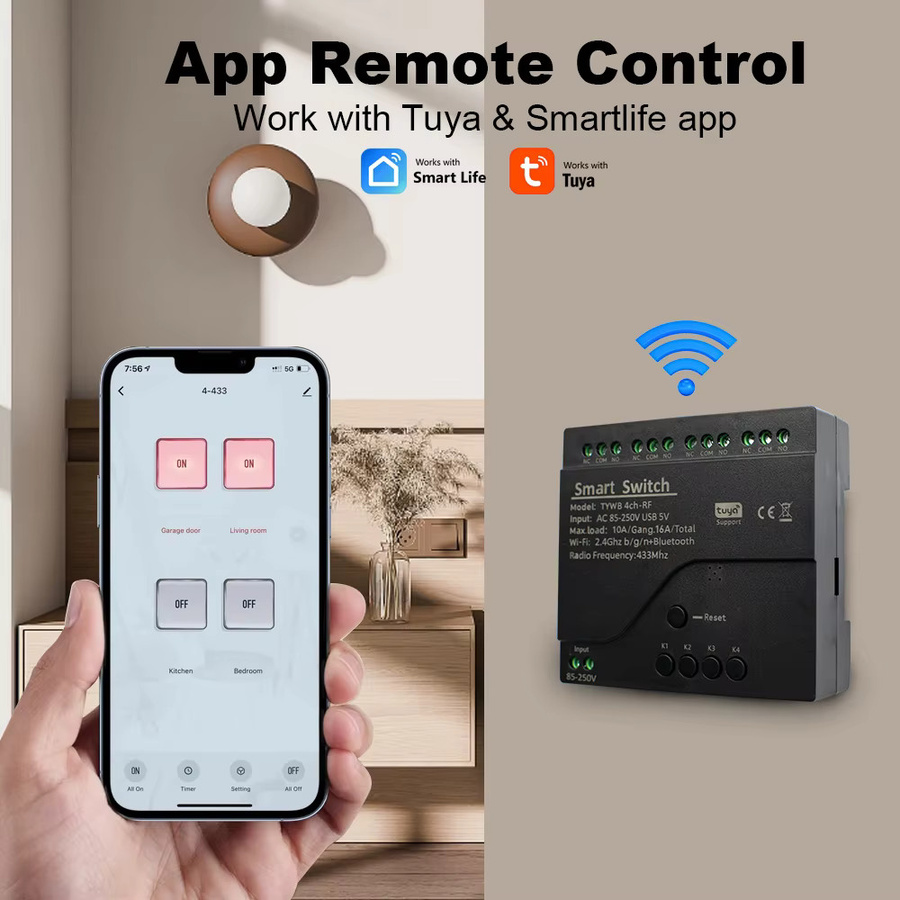 Tuya Smart Wifi Schalter Modul 4 Kanäle mit RF433 App Fernbedienung und Alexa Google Home Kompatibilität Schwarz - Bild 4