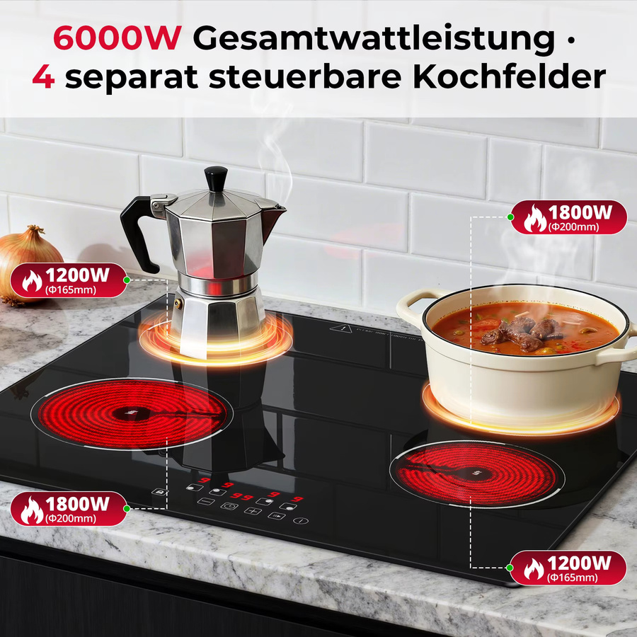KICHPOWER Einbau-Induktionskochfeld in Schwarz mit 4 Zonen, Touch-Steuerung, Timer und Kindersicherung, Breite: 60 cm - Bild 1