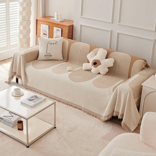 Nordische Quasten-Überwurfdecke aus Chenille in Beige mit geometrischem Jacquard-Muster, B/B: 180 x 130 cm - Bild 1