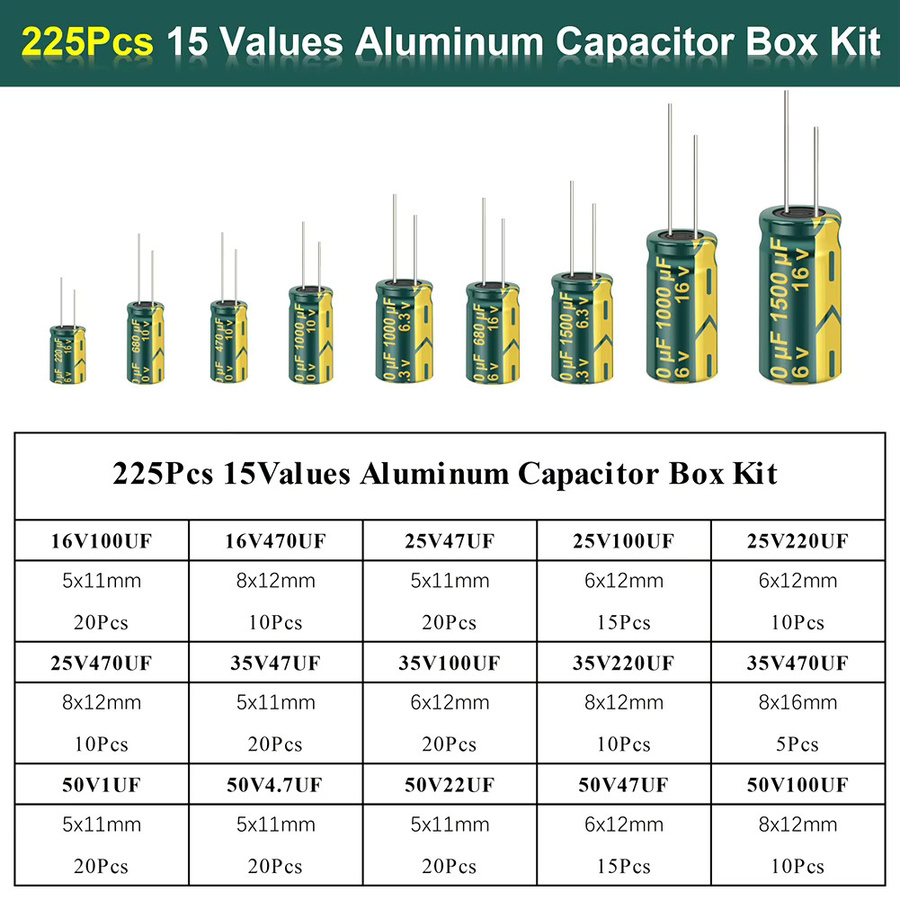 ALLOET 225-teiliges Aluminium-Elektrolytkondensator-Set mit 15 Werten, Hochfrequenz-Sortiment mit niedrigem ESR, multicolour - Bild 4