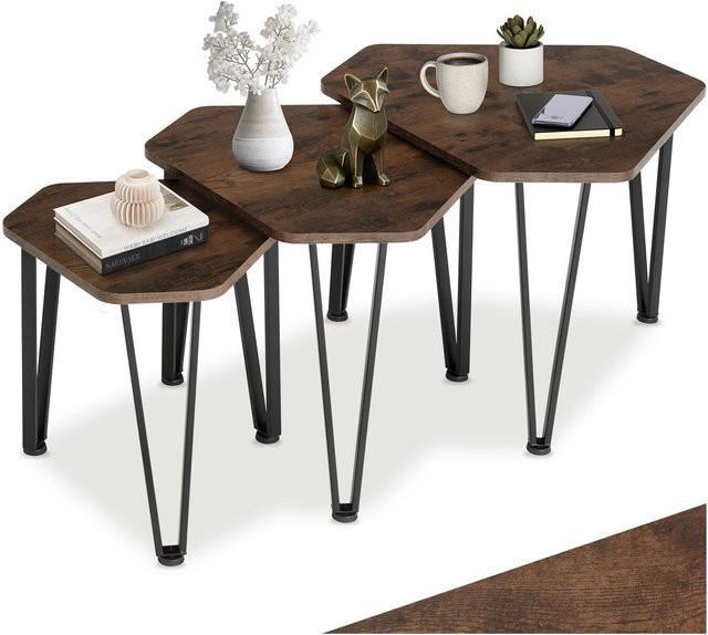 tectake Beistelltisch-Set Torquay 3-teilig aus Holz und Stahl in Braun im Industrial Style, B/T/H: 70 x 52 x 45 cm, 58 x 52 x 46 cm und 52 x 52 x 50 cm - Bild 1