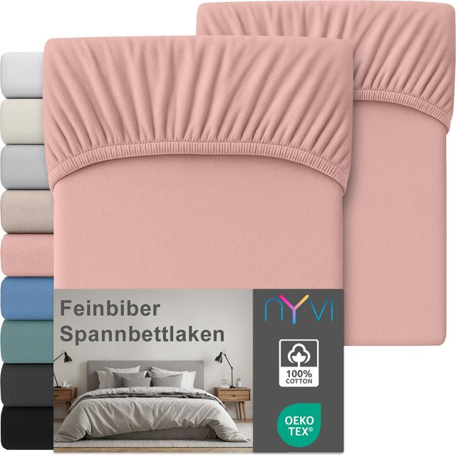 NYVI Feinbiber Spannbettlaken Deluxe 2er Set aus 100% Baumwolle, Extra Warm & Weich, Bügelfrei, Farbe: Pink, B/T: 200 x 200 cm, Steghöhe bis 25 cm - Bild 1