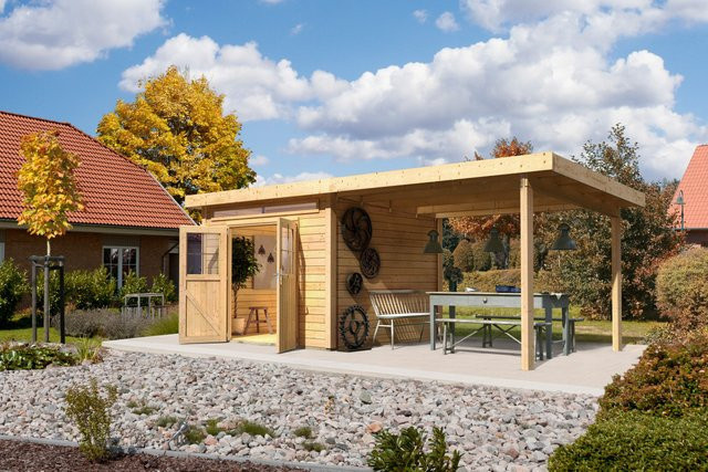 Gartenhaus Holz KANDERN 6 Flachdachhaus naturbelassen mit Anbaudach B/T: 274 x 274 cm, Wandstärke: 28 mm - Bild 1