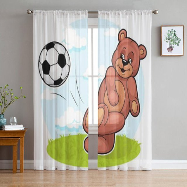 Transparenter Tüll-Vorhang von A Family Of Home Textiles mit Cartoon-Bär und Fußball Motiv in Weiß, Breite: 135 cm, Höhe: 114 cm - Bild 1