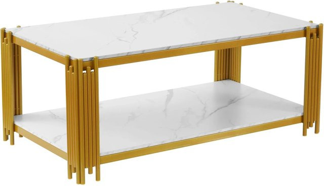 okwish Couchtisch mit Marmoroptik in Weiß und Gold, moderner Couchtisch für das Wohnzimmer mit Metallbeinen, B/T/H: 114 x 64 x 46 cm - Bild 1