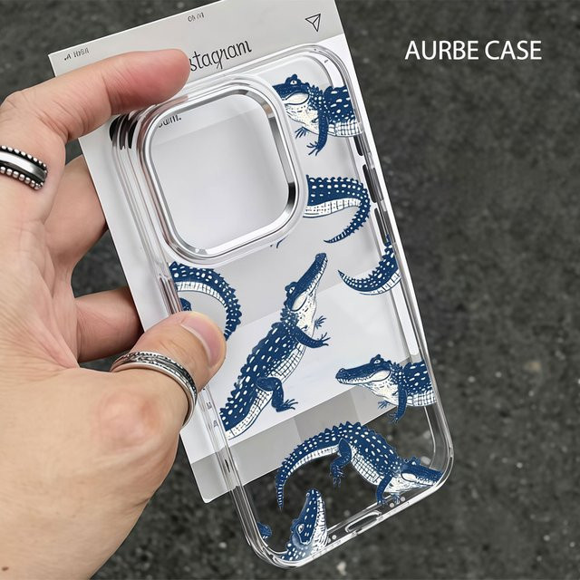 Aurbe Handyhülle mit Indigo Krokodilmuster und silbernem Linsenrahmen für iPhone 11 bis iPhone 17 Pro Max, Transparent - Bild 1