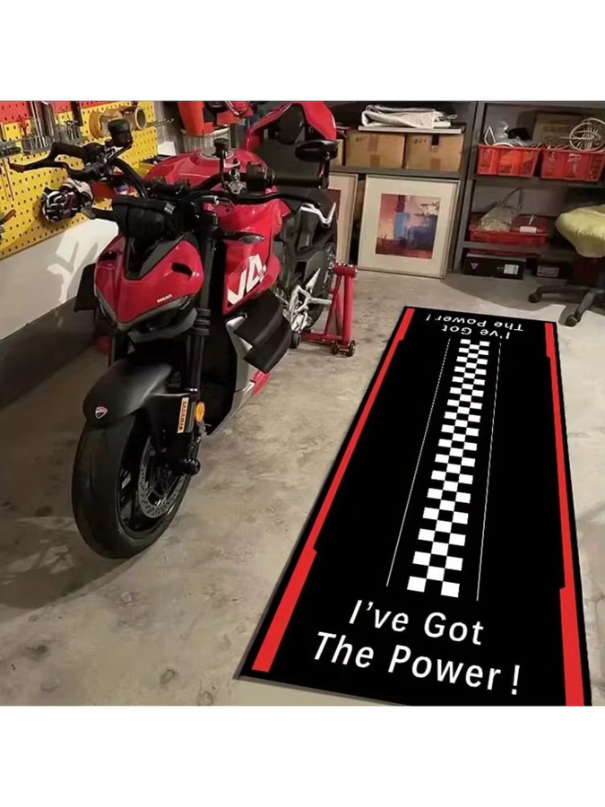 VIKAMA Motorrad-Präsentationsmatte in Schwarz, rutschfest und fleckenresistent, rechteckiger Parkplatz-Teppich im Checkerboard-Design für deine Werkstatt - Bild 3