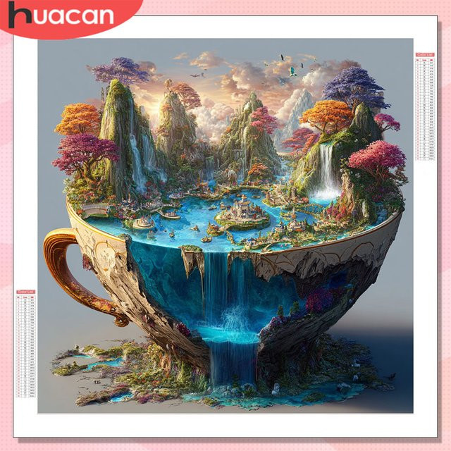 HUACAN Diamond Painting Set Berglandschaft mit Baum-Motiv in Multicolour als abstrakte Mosaik-Kunst mit runden Steinen - Bild 1