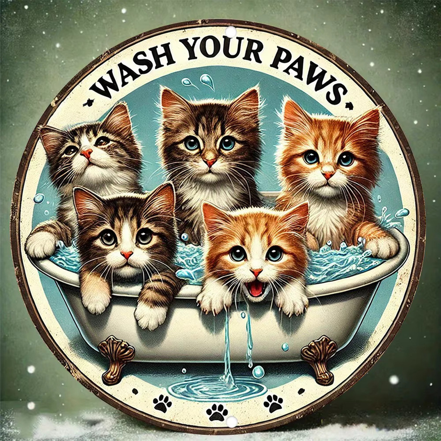Potdemiel Vintage-Wandkunst aus Metall Wash Your Paws mit Kätzchen Illustration, Mehrfarbig, Durchmesser: 20,32 cm - Bild 4