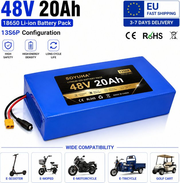 48V 20Ah Lithium-Ionen-Akkupack mit 18650 Zellen und Smart BMS für E-Bike und Elektroroller, Blau, XT60 Anschluss - Bild 1
