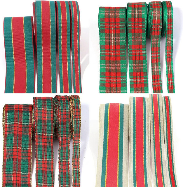 Klassisches Weihnachtsband aus Polyester mit rot-grünen Ripsstreifen und goldener Spitze für DIY-Handwerk und Geschenkverpackungen - Bild 1