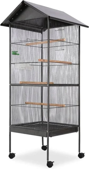 vidaXL Vogelkäfig mit Dach aus Stahl und Holz in Schwarz, B/T/H: 66 x 66 x 155 cm - Bild 1